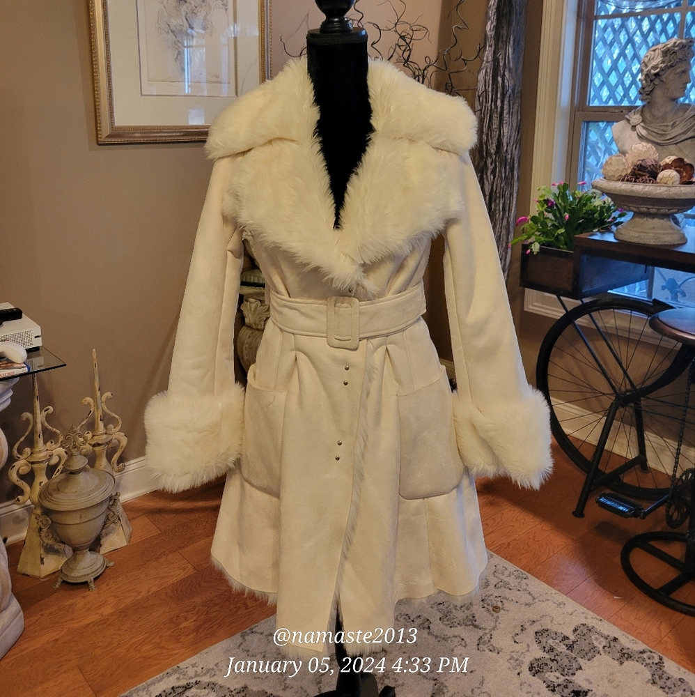 Armani Exchange Fully Lined With Faux Fur Outer Faux Suede Knee Length Coat #681
